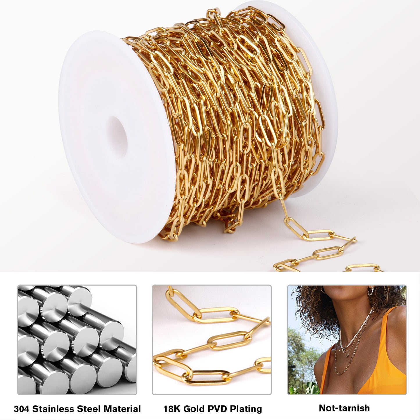 33 Feet Stainless Steel Paperclip Chains Roll Bulk for Jewelry Making