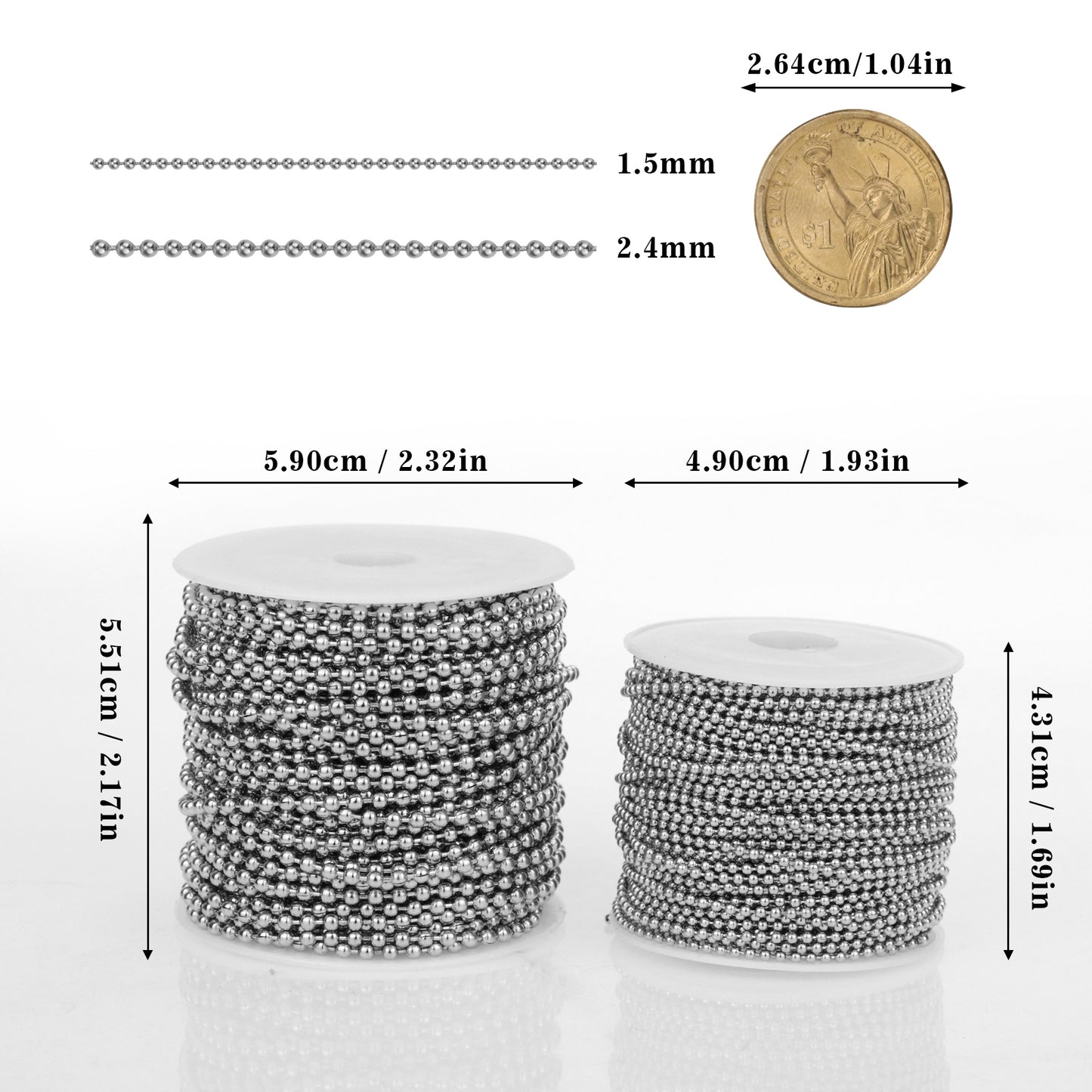 50 Feet Stainless Steel Ball Bead Chain Spool with 30 PCS Connectors