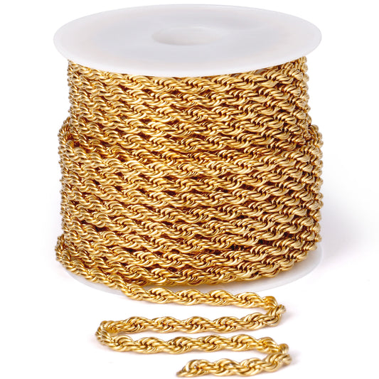 16.5Ft 18K Gold PVD Plated Stainless Steel Rope Chain Roll Bulk for Jewelry Making