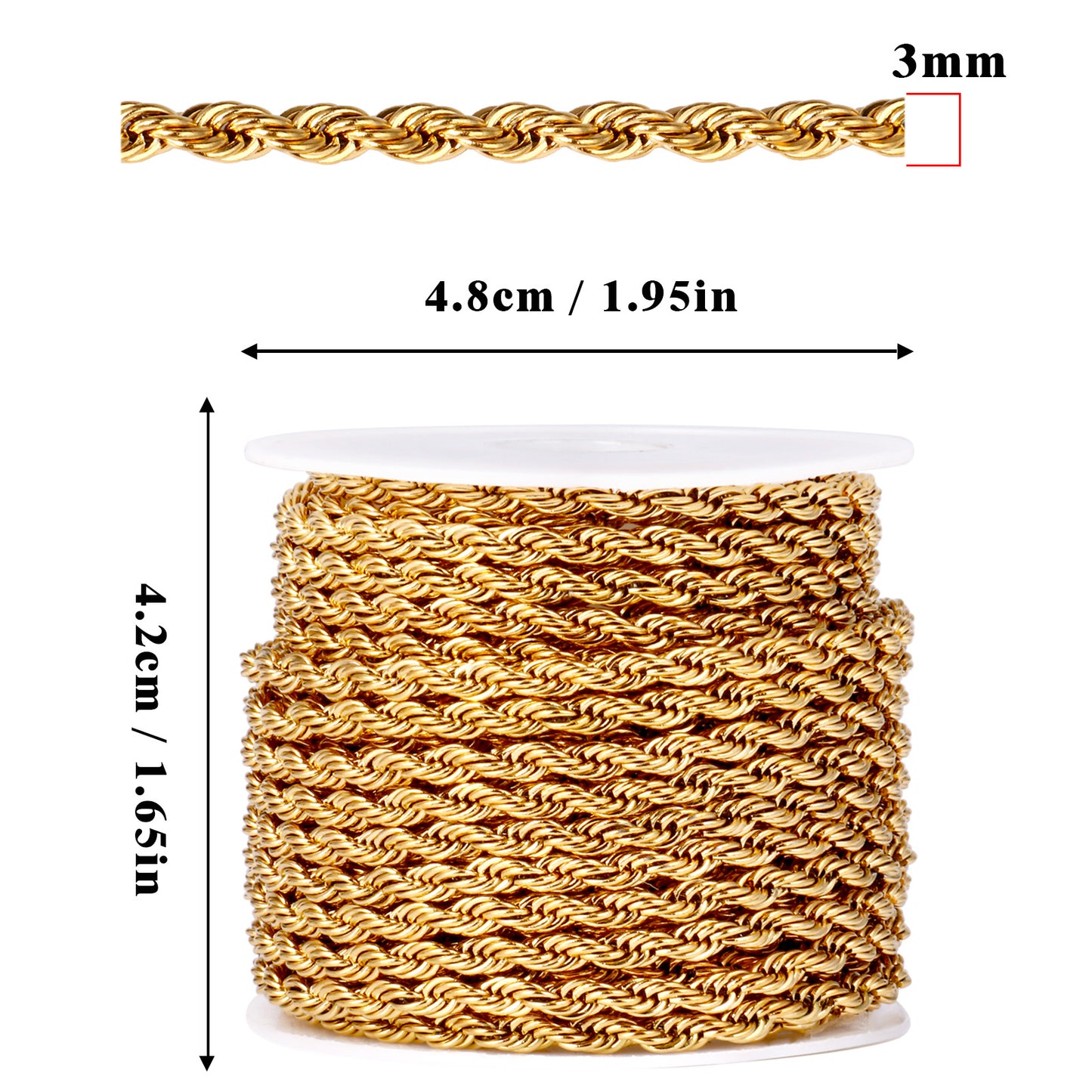 16.5Ft 18K Gold PVD Plated Stainless Steel Rope Chain Roll Bulk for Jewelry Making