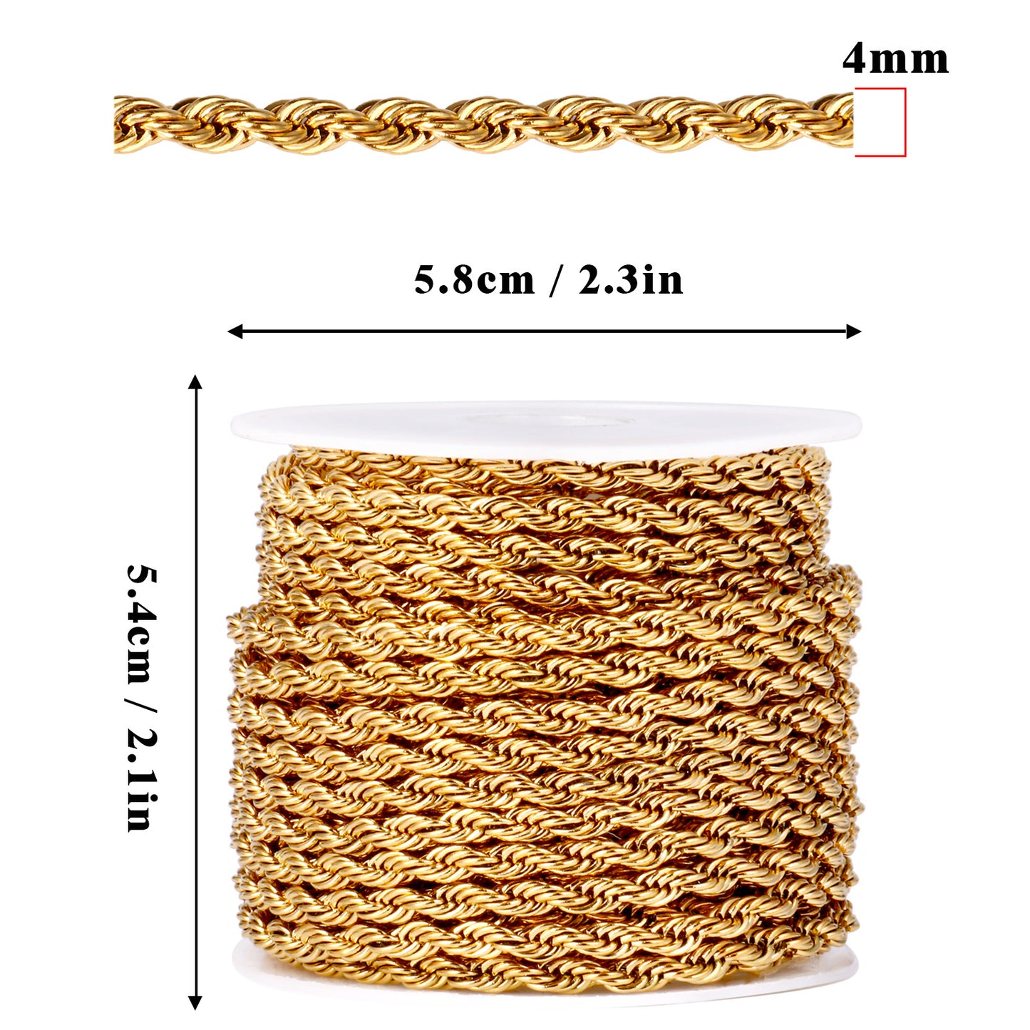 16.5Ft 18K Gold PVD Plated Stainless Steel Rope Chain Roll Bulk for Jewelry Making