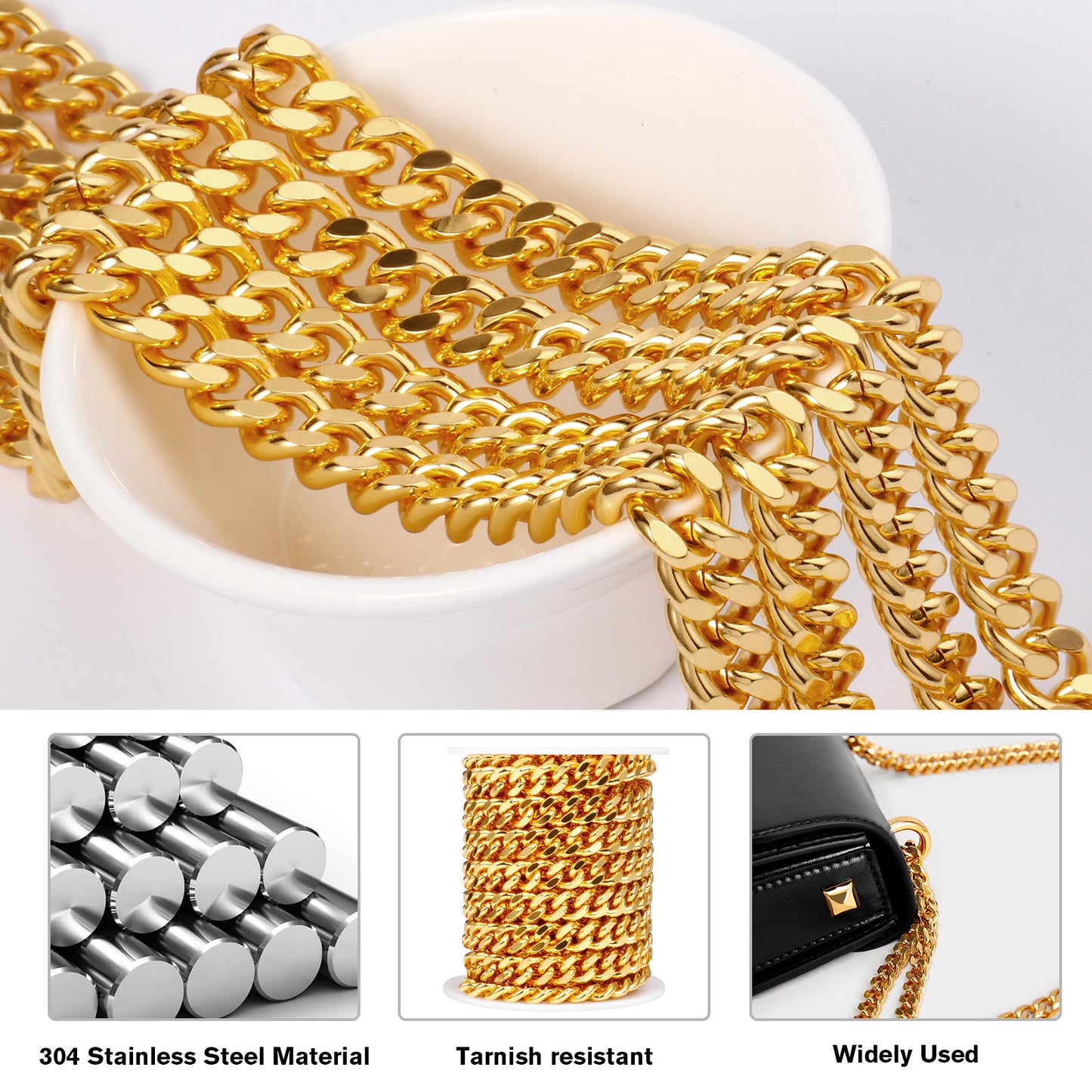 16.5 Feet 9mm Diamond-Cut Miami Cuban Chain Roll Bulk