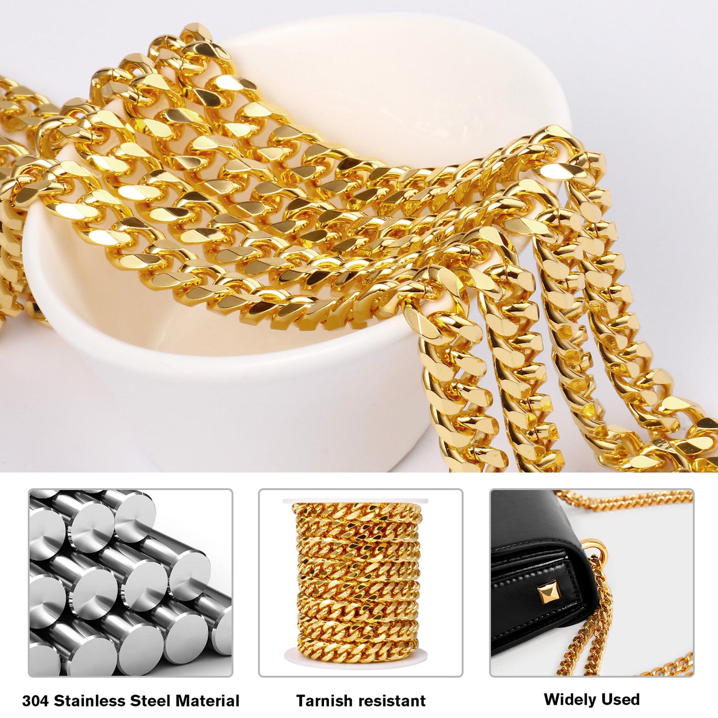 16.5 Feet 9mm Diamond-Cut Miami Cuban Chain Roll Bulk