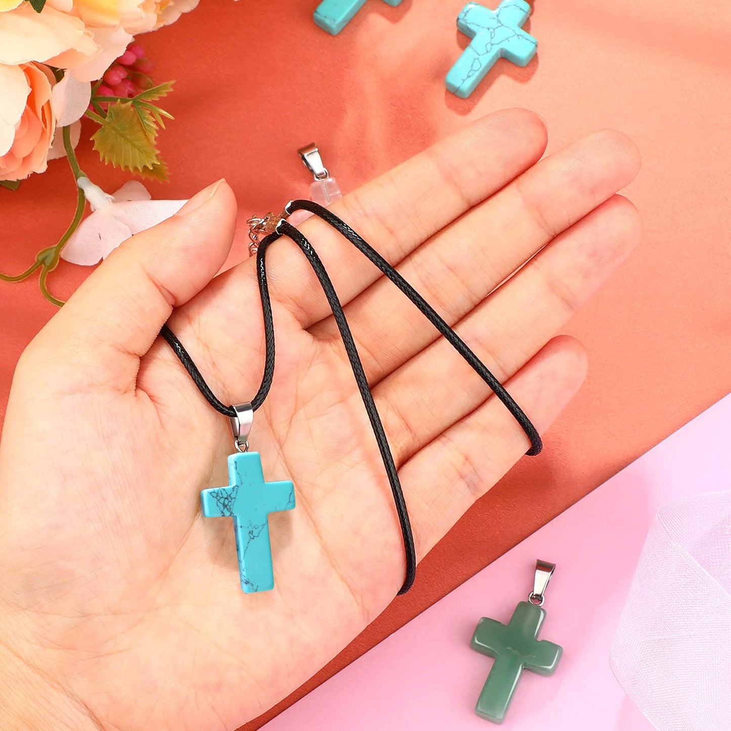 12PCS Natural Stone Cross Pendant Charms Bulk