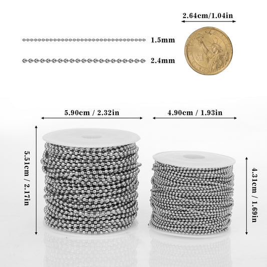 50 Feet Stainless Steel Ball Bead Chain Spool with 30 PCS Connectors