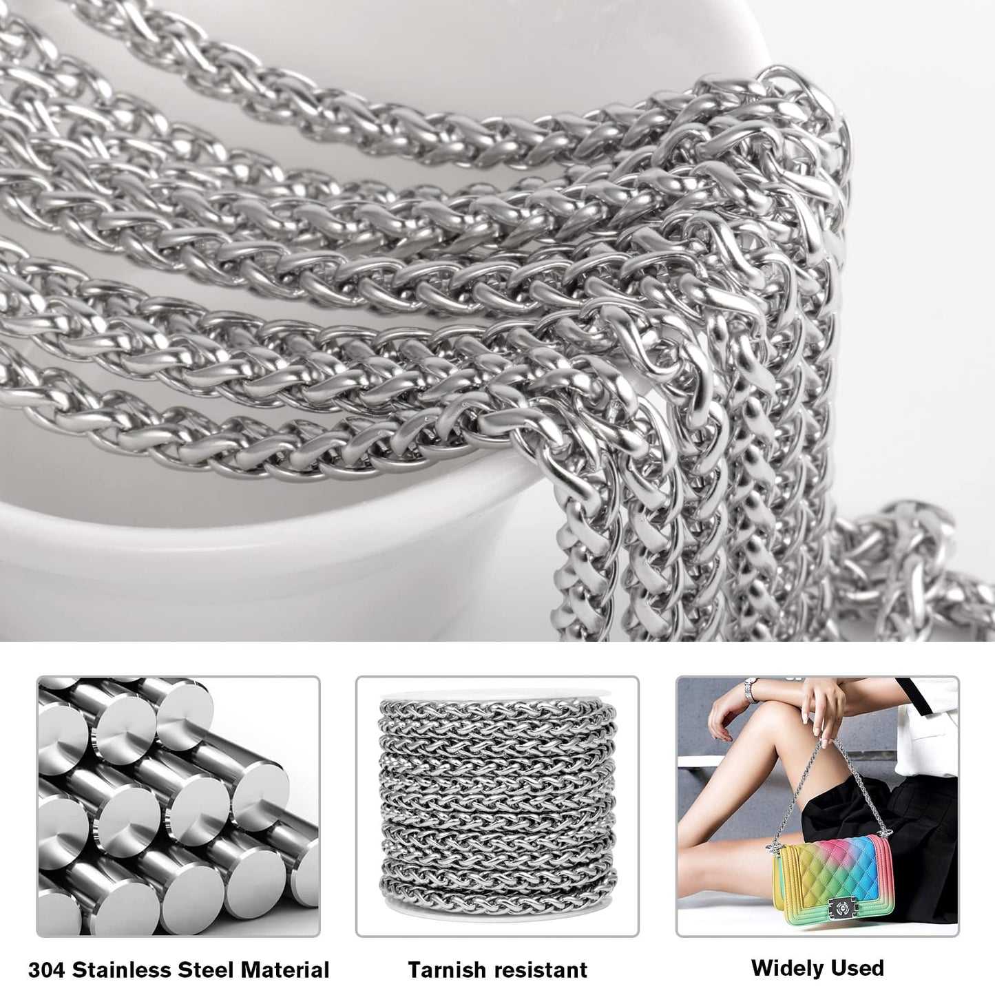 16.5 Feet 304 Stainless Steel Wheat Chain Roll Bulk for Jewelry Making